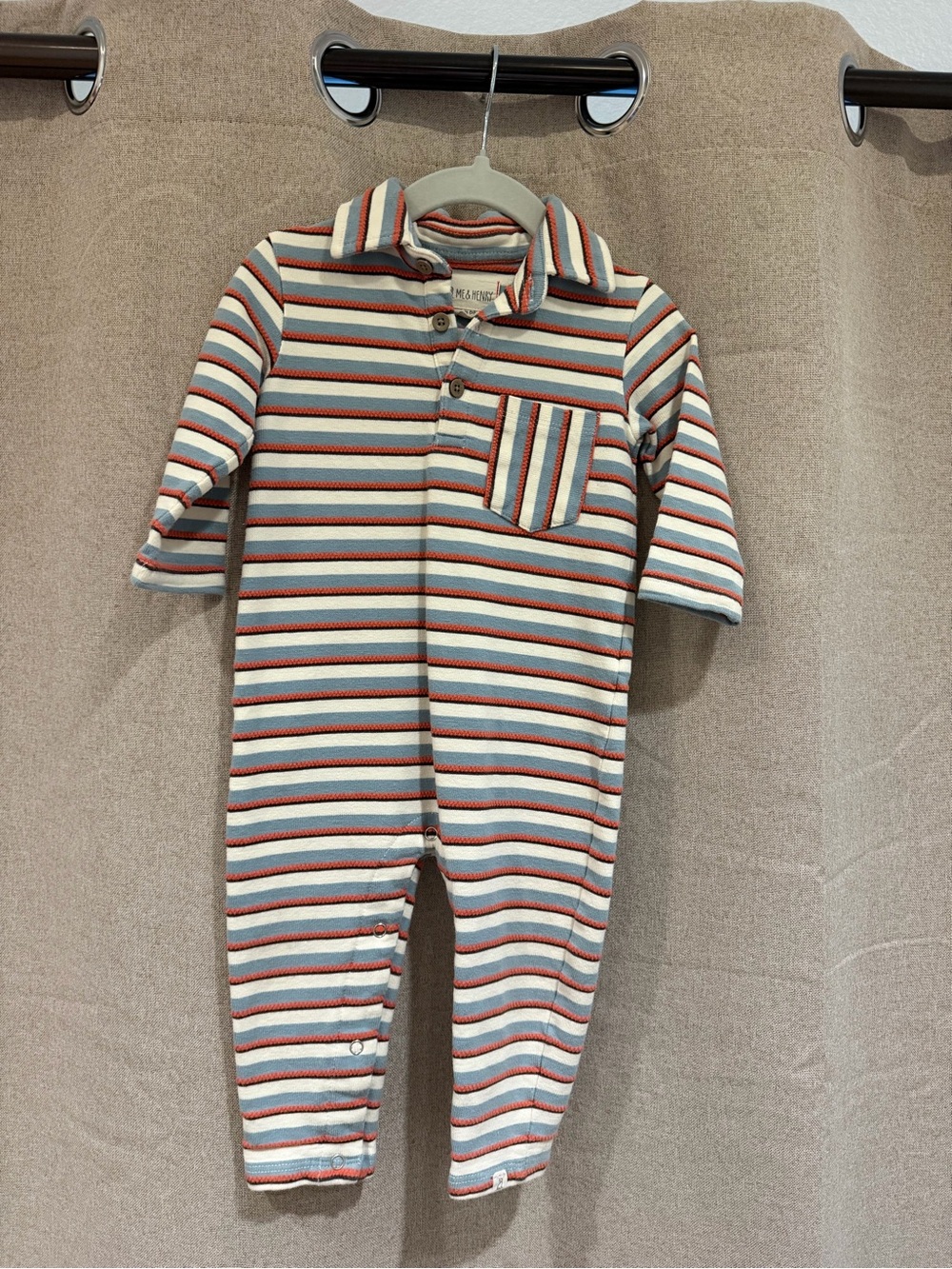Striped Collared Baby Footie in Light Blue & Red